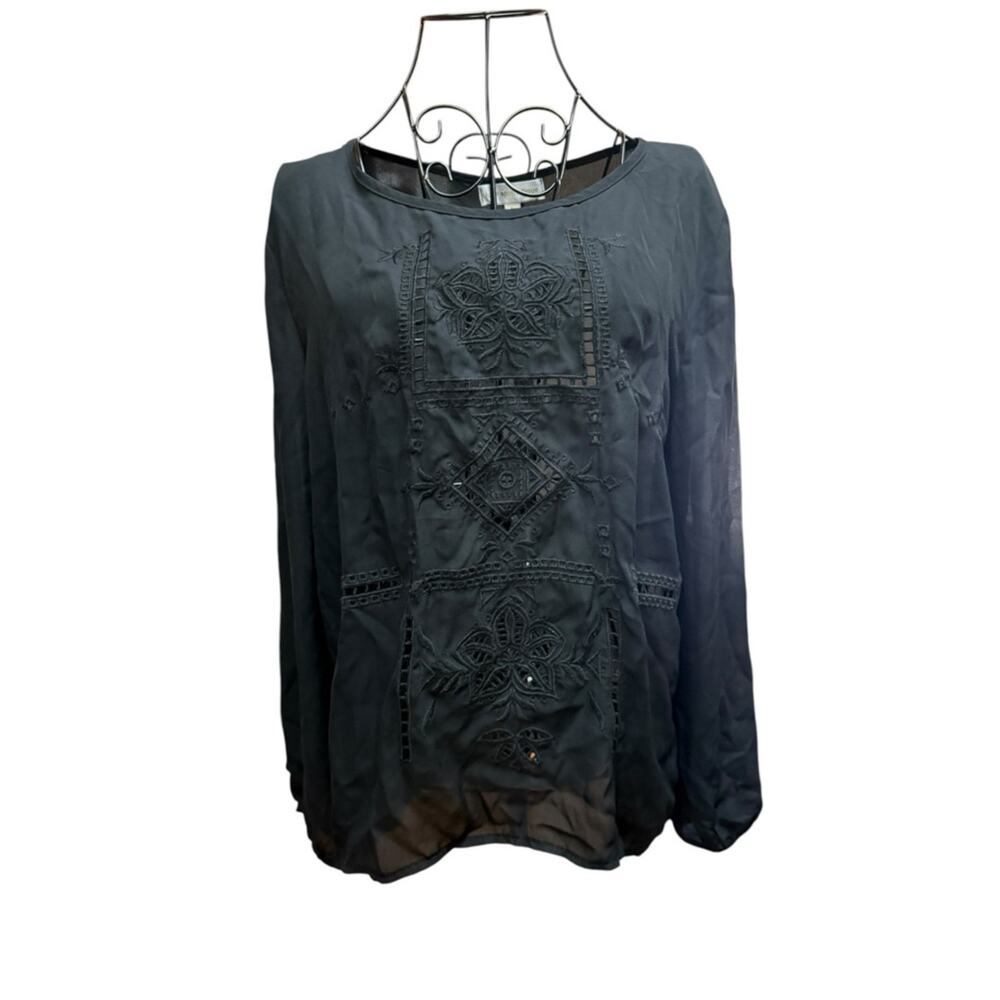Luxe Apothetique Sheer Black Embroidered Long-Sleeve Boho Blouse Large